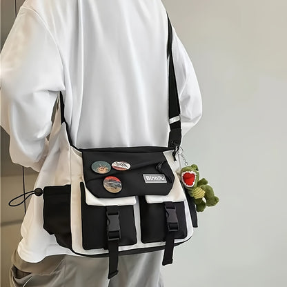 Trendy Nylon Messenger Bag - Casual Japanese-Inspired Shoulder Bag with Adjustable Strap, Large Capacity, Multi-Pocket Design for School & Sports, Blue & White