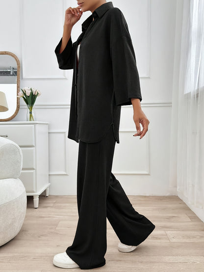 Women'S Elegant Two-Piece Beige Casual Suit - Cropped Top & Wide-Leg Pants with Pockets, Perfect for All Seasons, Stylish Home Attire|Casual Attire|Pocketed Pants
