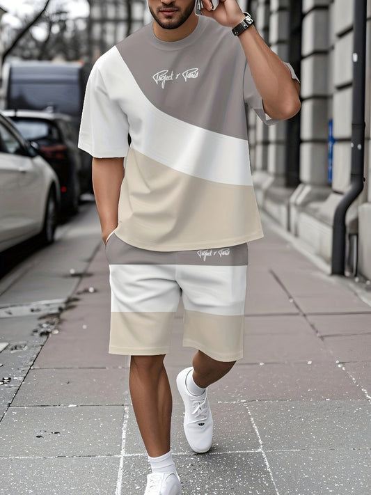 Summer New Round Neck Short Sleeve T-Shirt Set, 3-Color Patchwork Pattern, Front Chest Fashion Letter, Casual Style, Simple Matching Outfit Suitable for Date Night