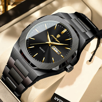 POEDAGAR Men'S Luxury Quartz Watch - Waterproof, Luminous Calendar, Stainless Steel Band, Business Style, Blue & Golden Accents, 3ATM, Non-Rechargeable Button Battery, Perfect for Spring Festival & Valentine'S Day Gifts