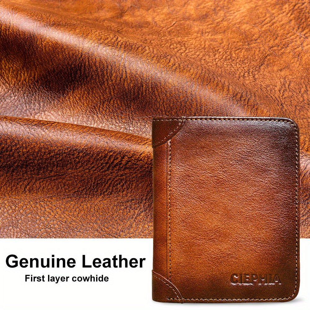 1pc CIEPHIA Vintage Genuine Leather RFID Blocking Wallet for Men - Slim, Multi-Functional ID & Credit Card Holder, Deep Brown with Embossed Logo, Ideal Gift for Valentine's Day
