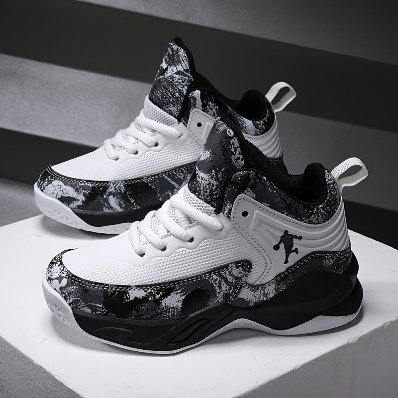 Youth Mid-Top PU Sports Sneakers - Comfortable, Lace-Up Basketball Shoes with Red & Black Design, TPR Sole for Outdoor Training, Running & Casual Wear, Basketball Shoes