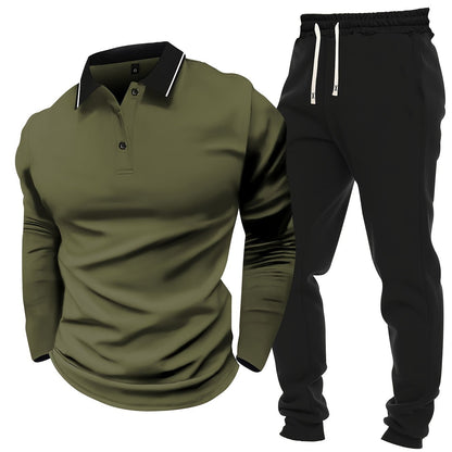 Men's Casual Color-Block Long Sleeve Button-Up Shirt & Drawstring Joggers Set - Polyester Blend, Pockets Included, Perfect for Spring/Fall