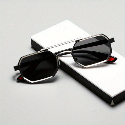 Unisex Geometric Metal Frame Fashion Glasses - Double Beam Design Decorative Eyewear for Everyday Casual Wear, Lightweight & Durable, Black Lenses, Stylish Accessory