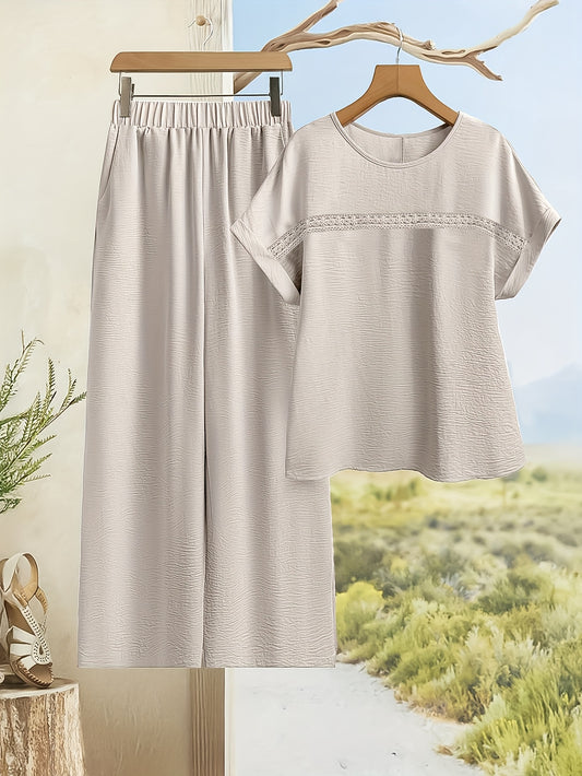 Women's Solid Color Contrast Lace Short Sleeve Top and Wide Leg Pants Casual Two-Piece Set