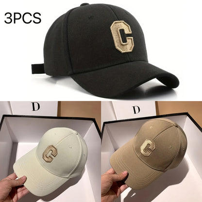 3pcs Unisex Baseball Caps with Embroidered 'C' Logo - Adjustable Snapback,, Breathable Mesh Back for Outdoor Sports, Travel & Valentine's Day (Black/Beige/White), Baseball Hat, Casual Headwear, Stylish Headgear, Sleek Cap Des