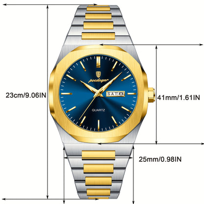 POEDAGAR Men'S Luxury Quartz Watch - Waterproof, Luminous Calendar, Stainless Steel Band, Business Style, Blue & Golden Accents, 3ATM, Non-Rechargeable Button Battery, Perfect for Spring Festival & Valentine'S Day Gifts