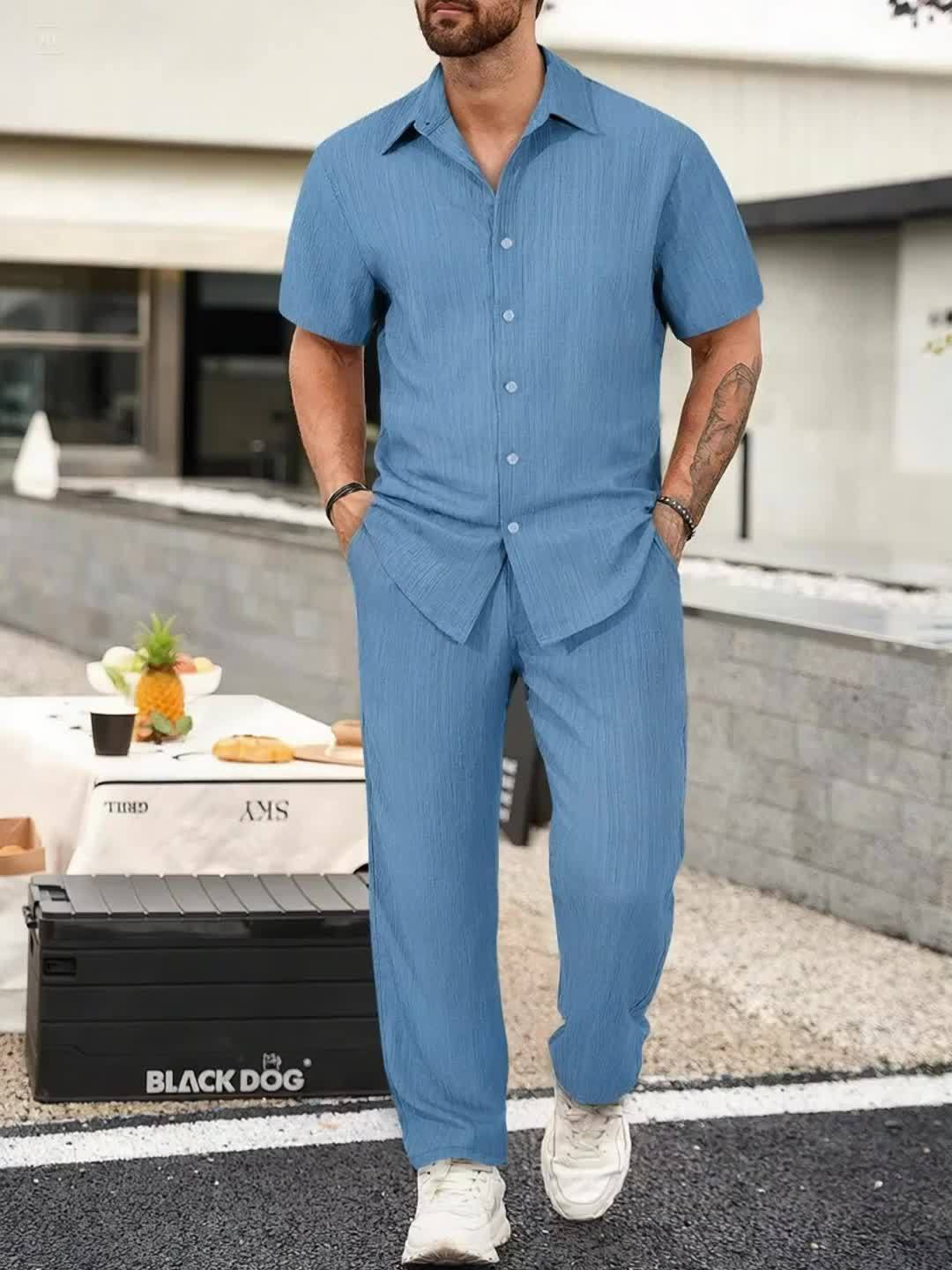 Men's Casual 2-Piece Outfit, Summer Solid Color Shirt & Pants Set, Comfy Button Up Shirt, Breathable Drawstring Pants