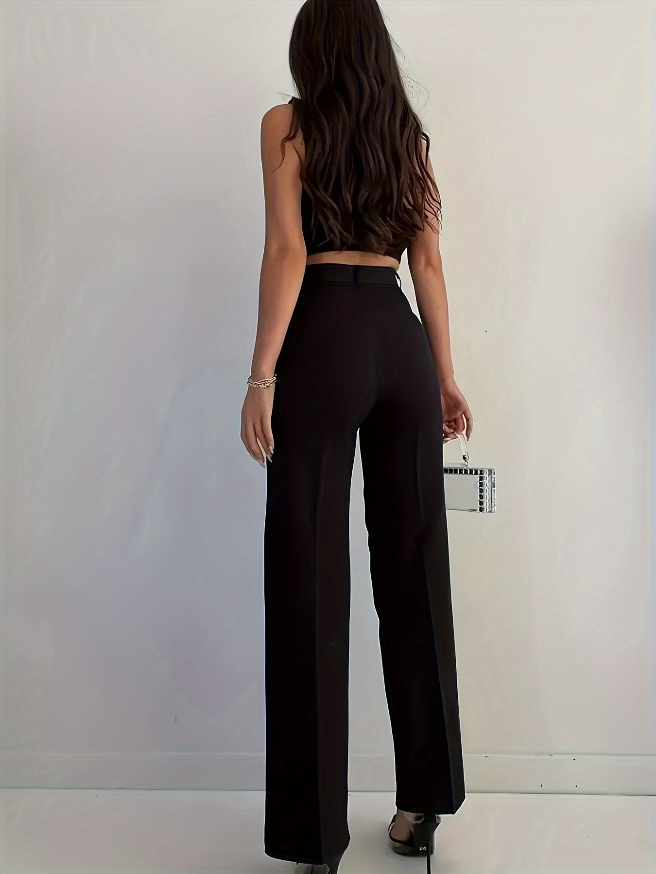 Elegant Women's Black Straight-Leg Pants - High-Waisted, Sleek Polyester, Machine Washable - Perfect for Professional & Social Events