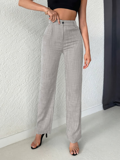Women's Elegant High-Waist Straight Leg Pants - Solid Color, Ribbed Texture, Slant Pockets, Comfortable Commuter Wear, Machine Washable