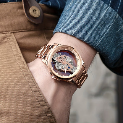 TPW Men's Rose Golden Skeleton Luminous Quartz Watch - Glamorous Luxury Wristwatch with Exposed Movement, Comfortable Metal Band, Father's Day Gift for Him, Luxury Men's Watch | Romantic Watch Design | Rose Golden Finish