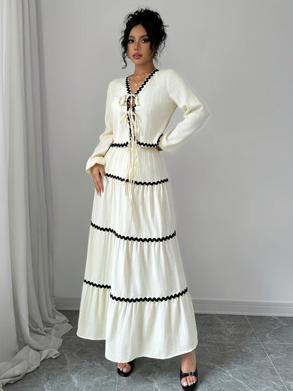 Women'S New Arrival Black and White Ruffled Lace Trim Long Sleeve Shirt with Tie Waist Umbrella Skirt Set, Stylish Elegant Vacation Commute Daily Wear Date Party Two-Piece Outfit Suitable for All Seasons