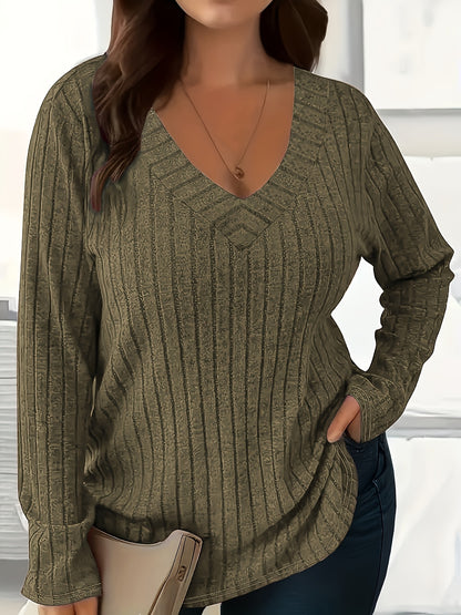 1 հատ Women'S Plus Size Casual V-Neck սվիտեր - 95% պոլիեսթեր 5% սպանդեքս տրիկոտաժե գործվածք, միաձույլ գույն, երկարաթև, գարուն/աշուն/ձմեռ բաց վերնաշապիկ