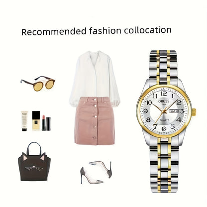 Elegant Women's Quartz Watch - Stainless Steel Band, Alloy Case with Dual Calendar Feature, Non, Round Shape
