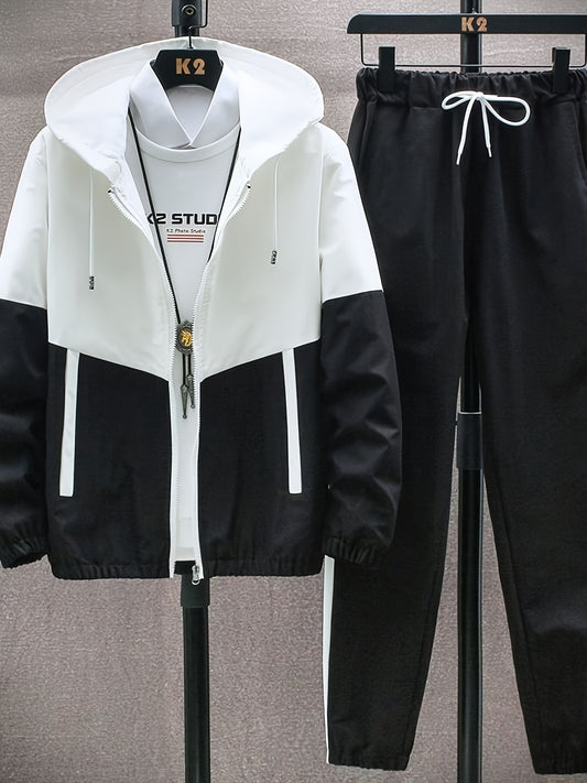 Men's Spring Autumn Outdoor Sports Training Casual Color Block Stitched Hoodie Adjustable Set Home Top and Pants Fashionable Windproof Jacket Pants Two-Piece Suit