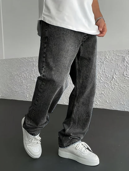 Men'S Loose-Fit Jeans, Cotton Blend Street Style Denim Pants, Non-Stretch Solid Color, Regular Length, with Multiple Pockets for All-Season Wear