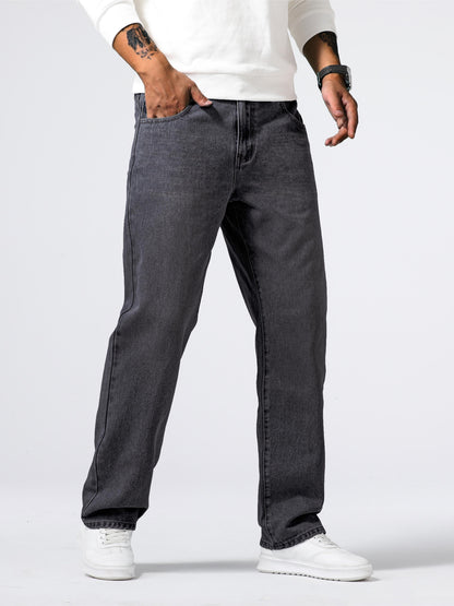 Men'S Loose Fit Straight Leg Jeans, Cotton 85% Polyester 15% Denim, Washed Solid Color Casual Style