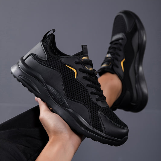 Men's 2025 New Summer Breathable Running Shoes - Lightweight Cushioned Sneakers with Golden Accents, Low-Top Black Casual Shoes for Gym, Walking & Daily Wear, All-Season Comfort, Sleek Sporty Design, Durable Traction Footwear