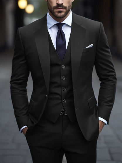 Men'S 3pcs Suit Set, Solid Color Polyester 78.90% Viscose 21.10% Non-Stretch Fabric, Regular Fit Long Sleeve Lapel Collar, Button Detail, Woven Wedding Party Business Casual Suit with Vest, Shirt, and Pants