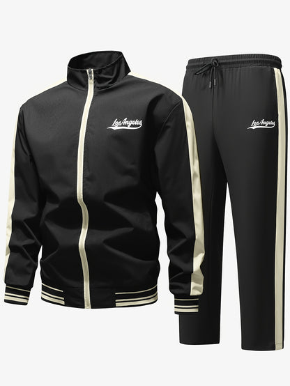 Men's Sports Casual Jacket and Pants Set, Two-Tone Spliced Letter Print Design, Stylish All-Season Trendy Outfit, Preferred by Athletes TZ6062