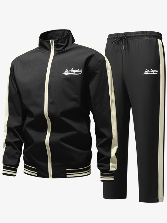 Men's Sports Casual Jacket and Pants Set, Two-Tone Spliced Letter Print Design, Stylish All-Season Trendy Outfit, Preferred by Athletes TZ6062
