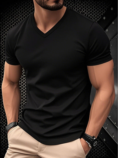 1pc Men's Light Blue Solid Color V-Neck Casual T-Shirt - Breathable Regular Fit Short Sleeve Tee for Spring Summer, Gym, Office & Casual Attire