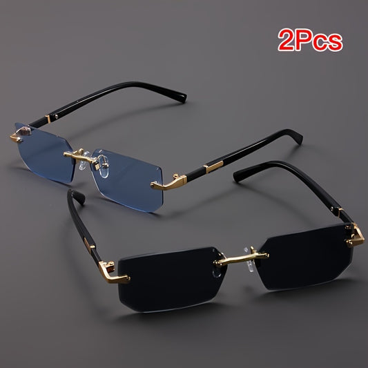 2pcs Luxury Rimless Fashion Glasses, Square Glasses for Men And Women, Golden Metal Frames