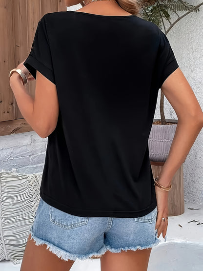 Women'S Chic Lace Trim Round Neck Short Sleeve T-Shirt - Loose Fit, Breathable Summer Top with Contrast Lace Detail, White, Casual Wear, Casual Summer Top | Lace Trim Top | Delicate Lace Detail