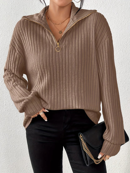 [Everyday Elegance] Women's Elegant Ribbed Knit Collared T-Shirt - Black, Long Sleeve, Zip-Up Design, Soft Polyester Blend, Machine Washable, Perfect for Spring & Fall, Ladies T Shirts