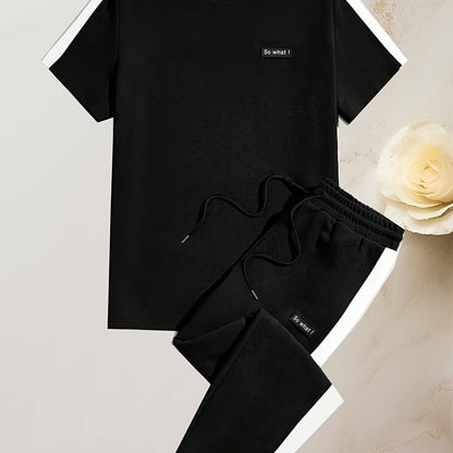 Men's Summer Sports Casual Set with Round Neck T-Shirt and Drawstring Pants Fashion Patchwork Breathable Quick-Dry Top and Bottoms Outfit