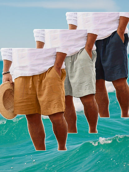 Men's Summer Cotton Drawstring Elastic Waist Straight-Leg Solid Color Breathable Casual Beach Shorts - 3pcs