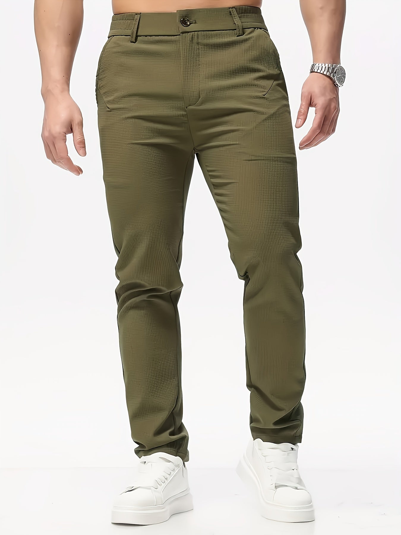 Men's Casual Solid Color Pants - Polyester, Machine Washable, Button Detail, Regular Fit for All Seasons