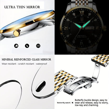 POEDAGAR Classic Men'S Stainless Steel Quartz Watch, IPX8 Luminous Weekly Calendar Watch for Men, Perfect Gift Option, Suitable for Women