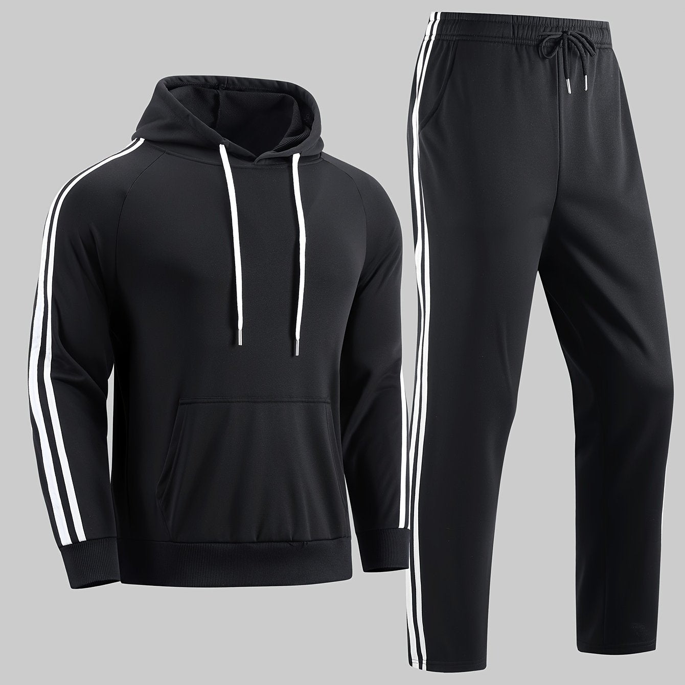 A Set of Two Men'S Casual Sports Outfits, Featuring a Striped Design with Moderately Soft Fabric, Suitable for Outdoor Running And Fitness Activities in All Seasons.