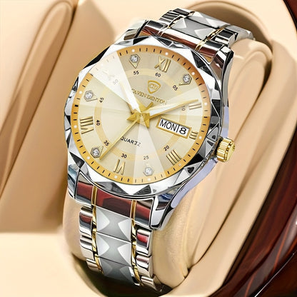 Men'S Quartz Business Watch with Rhinestone-Embellished Luminous Dial, Stainless Steel Strap & Case, Date & Day Display, IPX7 Water-Resistant - Ideal for Travel, Work, Outdoor - Perfect Gift for Birthdays, Holidays, Anniversa