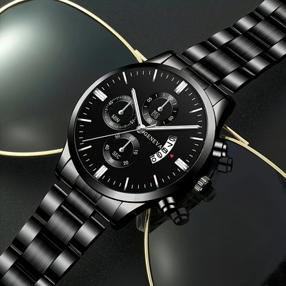 Men'S Business Round Quartz Watch with Calendar Display, Black Stainless Steel Strap, Electronic Movement, Perfect Gift for Valentine'S Day, Easter, Halloween, Ramadan, Birthdays, Christmas