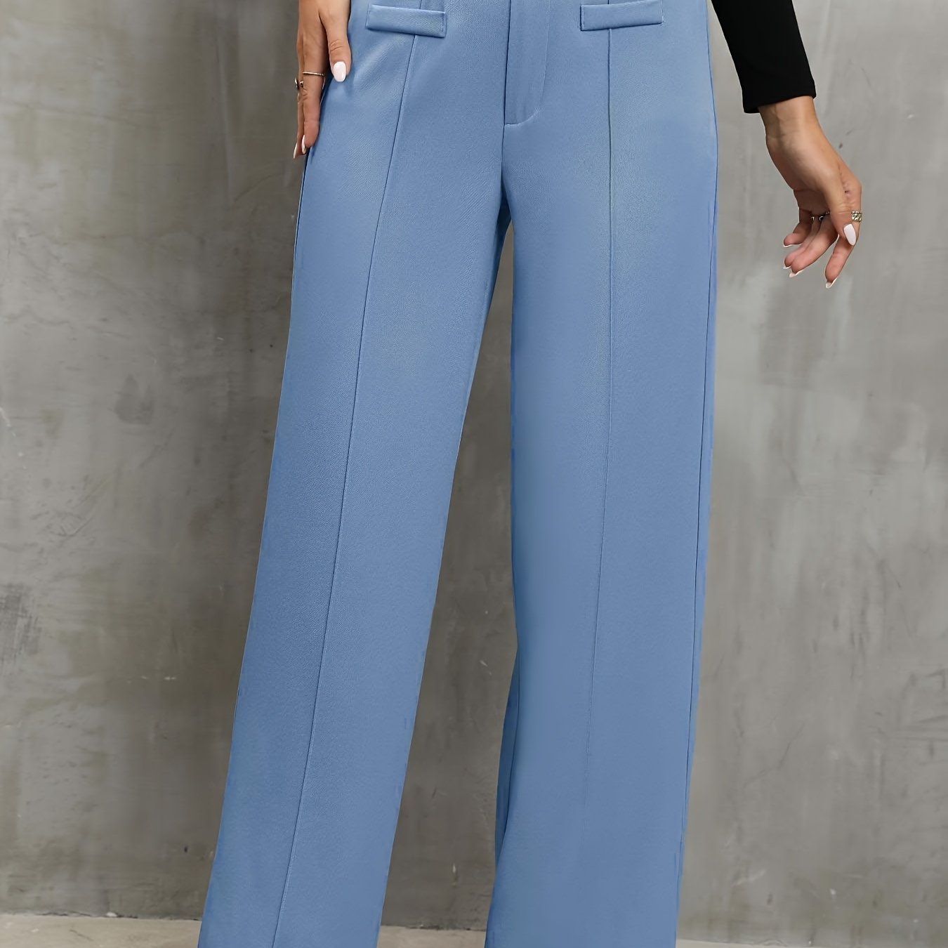 Women's Elegant High-Waist Light Blue Straight-Leg Pants - Polyester, Machine Washable, Faux Pocket Detail, Ideal for Fall/Winter, Autumn Winter Clothing | Elegant Casualwear | Smooth Texture