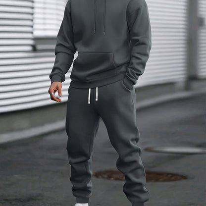 1set Men'S Casual Sports Suit, Polyester Hooded Sweatshirt and Jogger Pants Set, Solid Color, Elastic Waist, Cuffed Ankles, Knit Pullover with Pockets, Regular Fit for Outdoor Running and Jogging - Spring/Autumn Collection