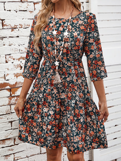 Elegant Floral Print Midi Dress for Women - Crew Neck, 3/4 Sleeve, A-Line with Ruffle Hem, Machine Washable - Perfect for Fall, for Autumn, Spring