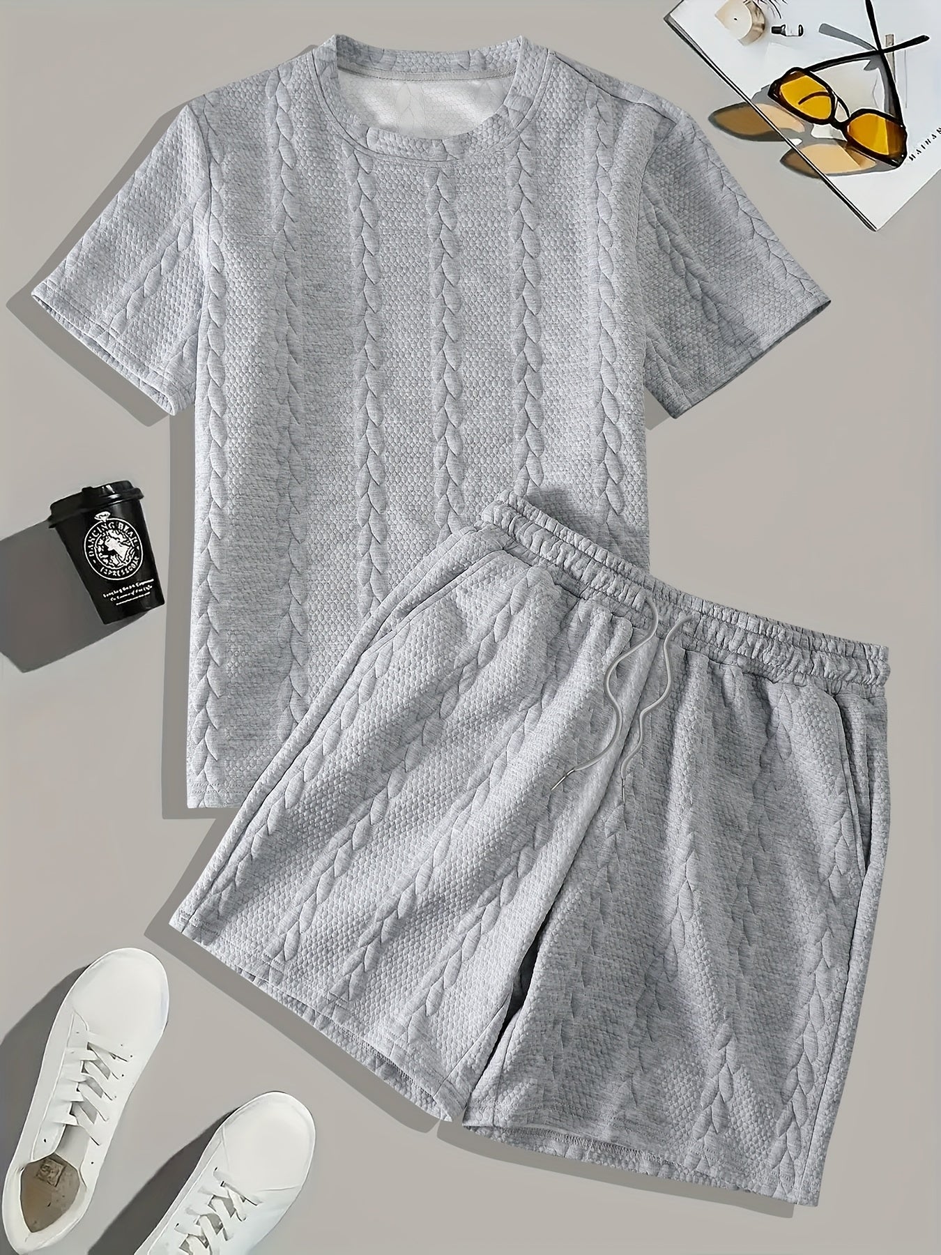 Men'S Casual Short Sleeve T-Shirt and Shorts Set - Knit, Light Gray, Two-Piece, All-Season Comfort, Drawstring Waist, Casual Style, Allseason Comfortwear | Casual Style Set | Knit Texture, Thick