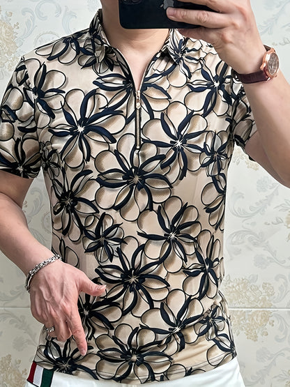 Men'S Lightweight Floral Print Short Sleeve T-Shirt - Stylish Black & Beige Business Casual Top with Zipper Detail, Regular Fit for Summer, Summer Casual Wear | Modern Casual Style | Stylish Button Details
