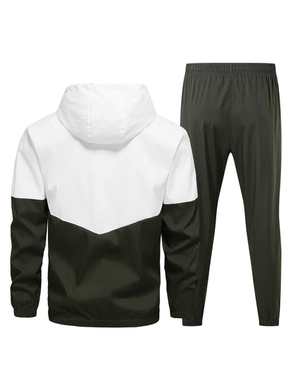 Men's Casual Athletic Hoodie and Pants Set - Color Block Design, Polyester, Machine Washable, Spring/Fall Sportswear, Blue & White Two-Piece Outfit, Everyday Activewear|Modern Athletic Look|Polyester Sportswear