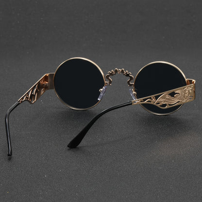 A Pair Of Men's Stainless Steel Retro Round Frame Glasses, Chinese Dragon And Phoenix Carving Hollow Arms, Casual Hip-hop Punk Street Party Fashion Trend Decorative Glasses, With PC Lenses