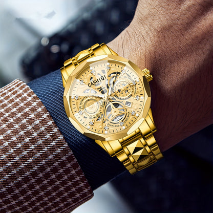 CASHIQI Brand Men'S Steel Strap Quartz Watch with Rhombus Dial, Sparkling Decoration, Calendar, And Luminous Display, IPX7 Waterproof Hollow Quartz Watch for Business, Travel, And Casual Wear - A Perfect Gift Choice.