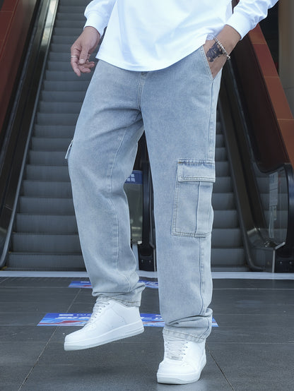 Men's Classic Blue Denim Jeans - 80%, Regular Fit, Machine Washable, Solid Color, All-Season Casual Wear, Comfortable Denim | Relaxed Fit Jeans | Textured Denim Pants