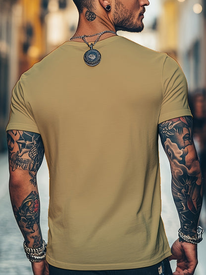 Men'S Brown T-Shirt with ECG Heartbeat Graphic - Casual Streetwear, Short Sleeve, Round Neck, Stretch Fabric, All-Season Comfort, Casual Streetwear Tee | Round Neck Tshirt | Comfortable Fit