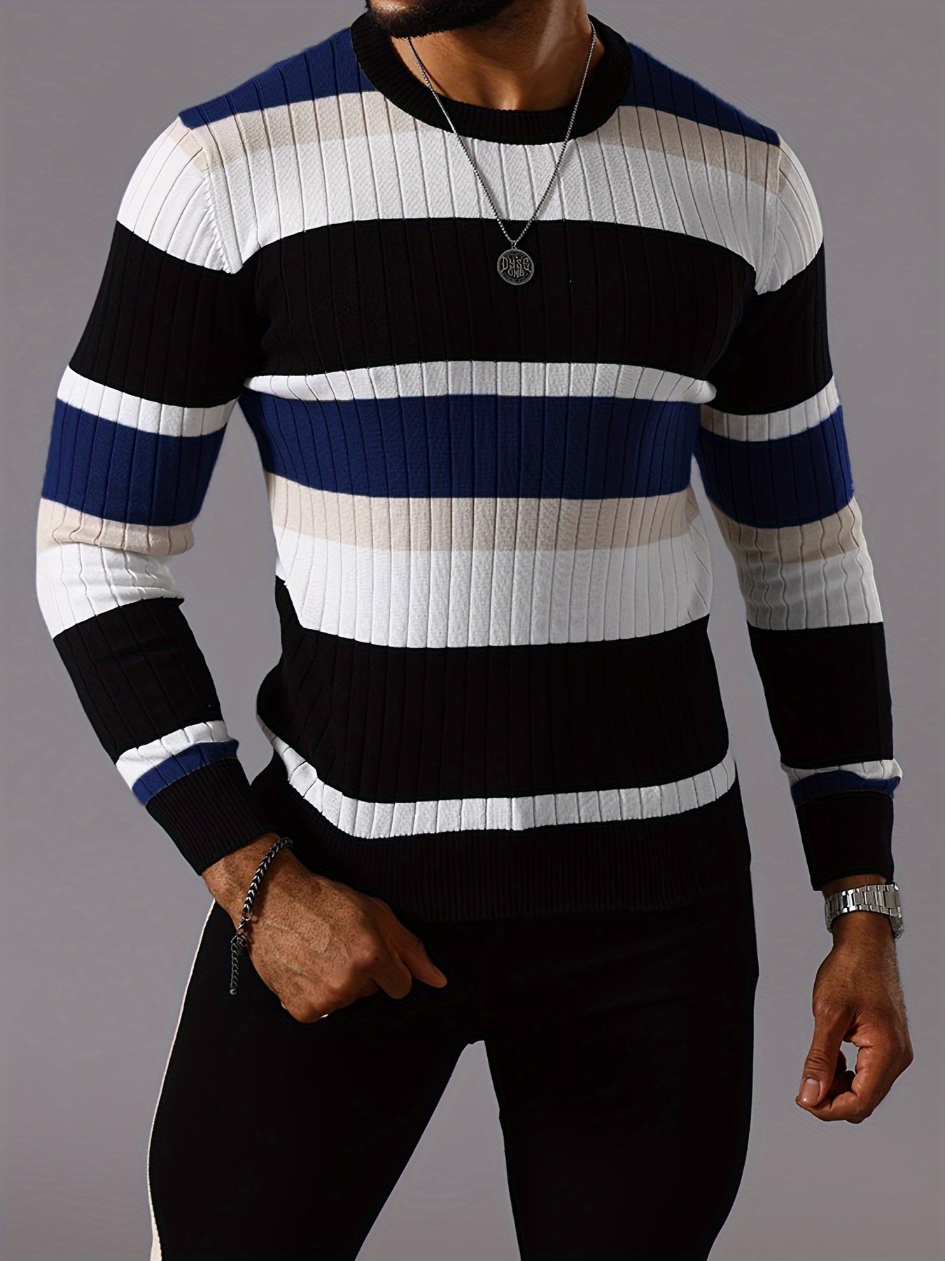 Men's Striped Color-Block Ribbed Knit Sweater - Long Sleeve Round Neck Pullover with Elastic Comfort Fit, Machine Washable Casual Fall Winter Top in Black/White/Green/Beige, Knit Sweater, Medium Elasticity