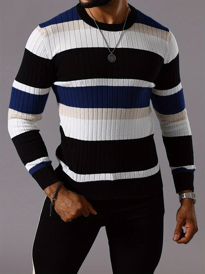 Men's Striped Color-Block Ribbed Knit Sweater - Long Sleeve Round Neck Pullover with Elastic Comfort Fit, Machine Washable Casual Fall Winter Top in Black/White/Green/Beige, Knit Sweater, Medium Elasticity