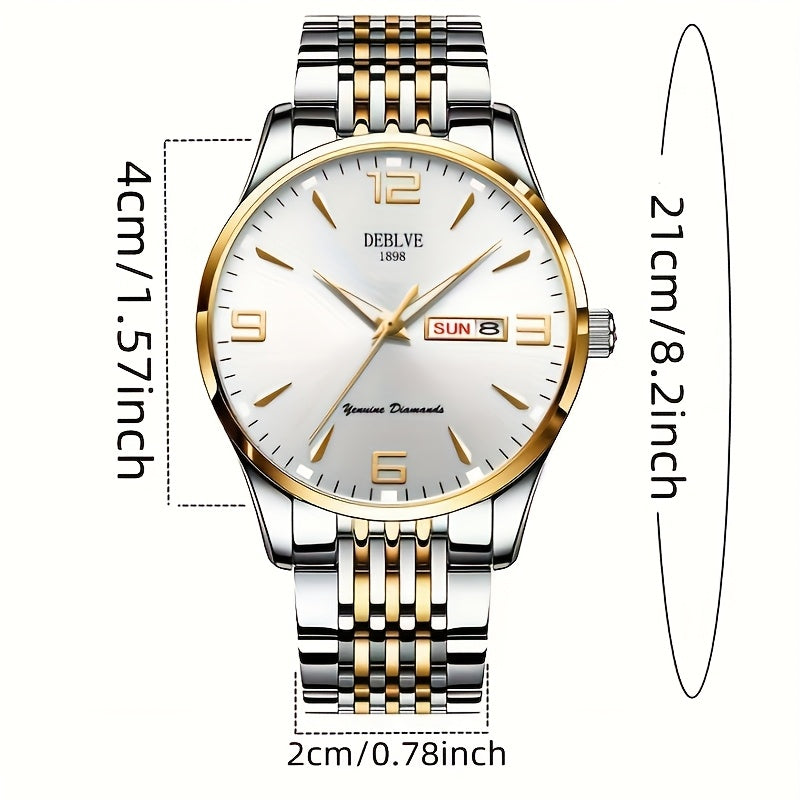 DEBLVE Men's Sleek Business Watch - Ultra-Thin Alloy, Luminous Hands, Calendar & Week Display, Waterproof, Sporty Steel Strap with Secure Clasp
