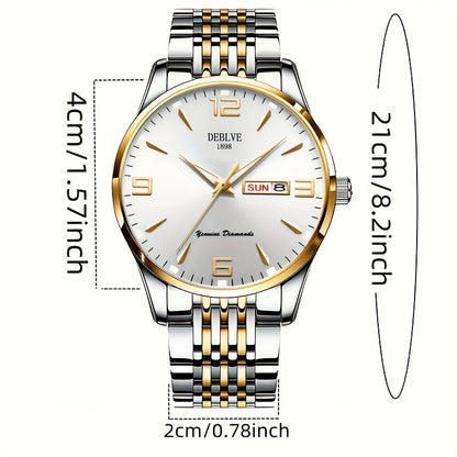 DEBLVE Men's Sleek Business Watch - Ultra-Thin Alloy, Luminous Hands, Calendar & Week Display, Waterproof, Sporty Steel Strap with Secure Clasp